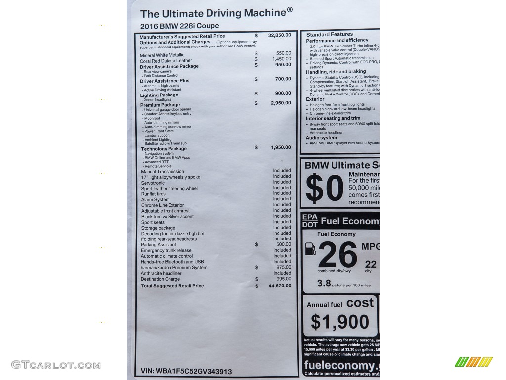 2016 BMW 2 Series 228i Coupe Window Sticker Photo #110701501