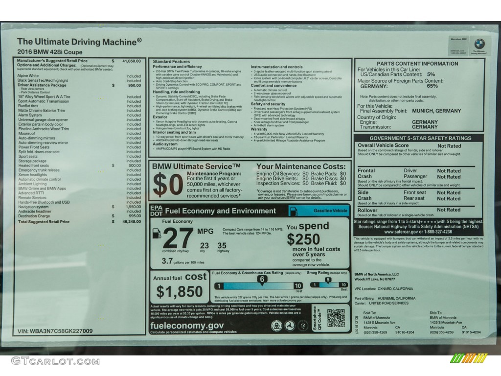 2016 BMW 4 Series 428i Coupe Window Sticker Photos