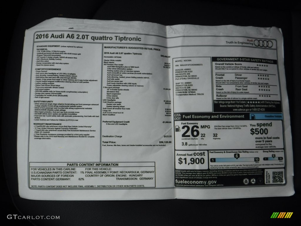 2016 Audi A6 2.0 TFSI Premium Plus quattro Window Sticker Photos