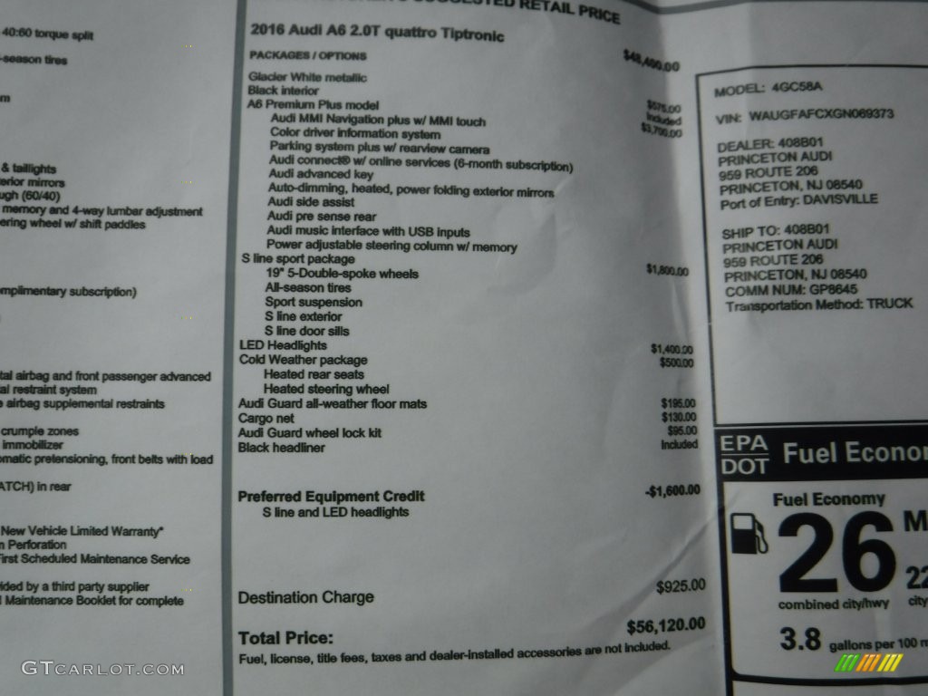 2016 A6 2.0 TFSI Premium Plus quattro - Glacier White Metallic / Black photo #16