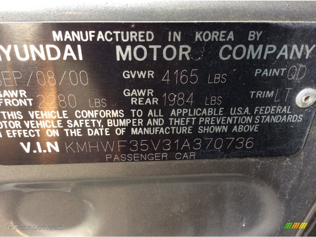 2001 Sonata Color Code QD for Gray Metallic Photo #110738556