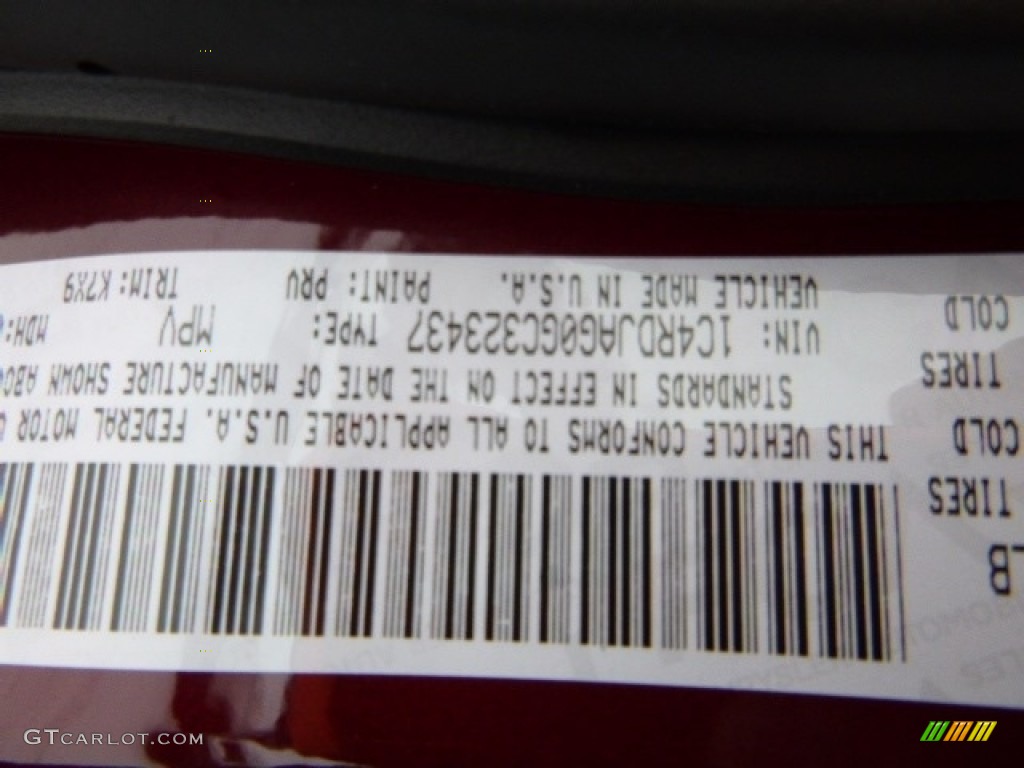 2016 Durango Color Code PRV for Velvet Red Pearl Photo #110806704