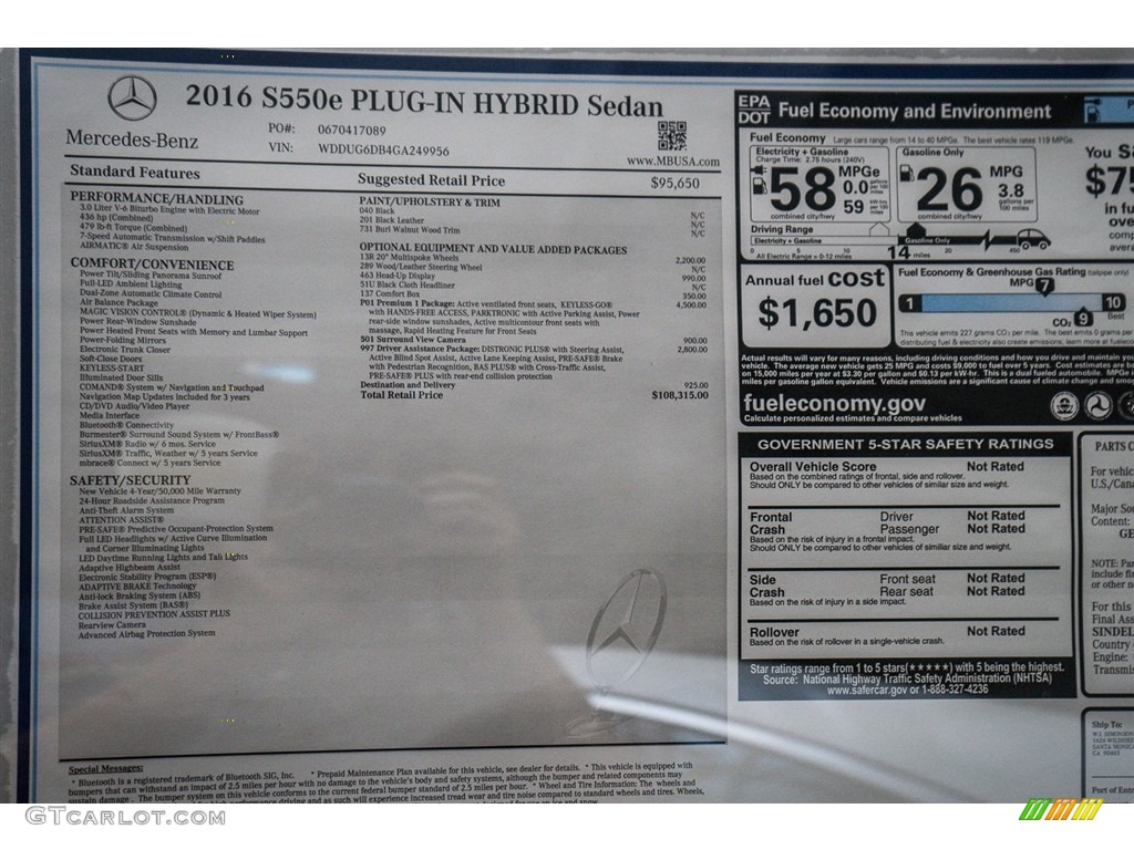 2016 Mercedes-Benz S 550e Plug-In Hybrid Sedan Window Sticker Photo #110818827