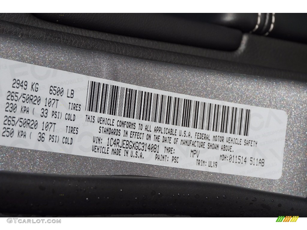 2016 Grand Cherokee Color Code PSC for Billet Silver Metallic Photo #110824938