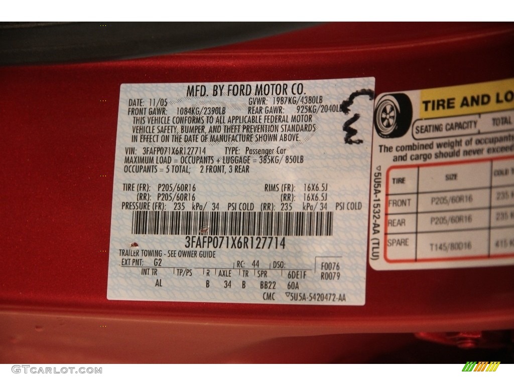 2006 Ford Fusion SE V6 Color Code Photos