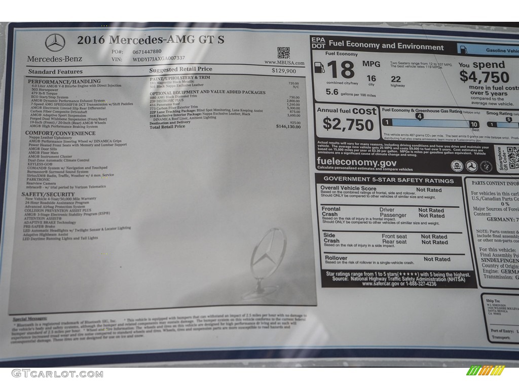 2016 Mercedes-Benz AMG GT S Coupe Window Sticker Photo #110862836