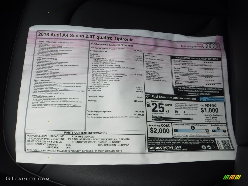 2016 A4 2.0T Premium quattro - Ibis White / Black photo #15