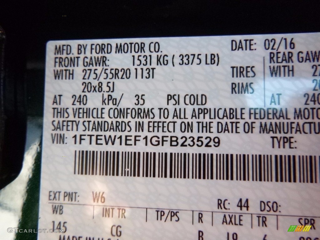 2016 Ford F150 XL SuperCrew 4x4 Color Code Photos
