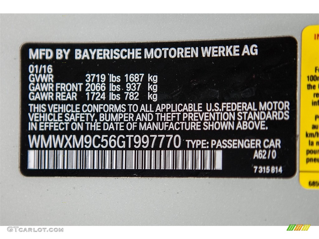 2016 Hardtop Color Code A62 for White Silver Metallic Photo #110962708