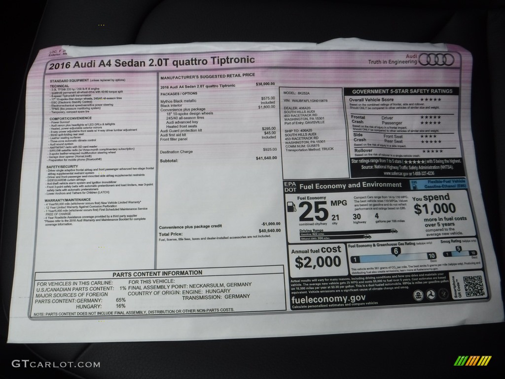 2016 Audi A4 2.0T Premium quattro Window Sticker Photo #110990826