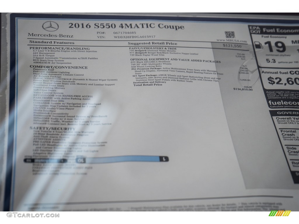 2016 Mercedes-Benz S 550 4Matic Coupe Window Sticker Photo #110999029
