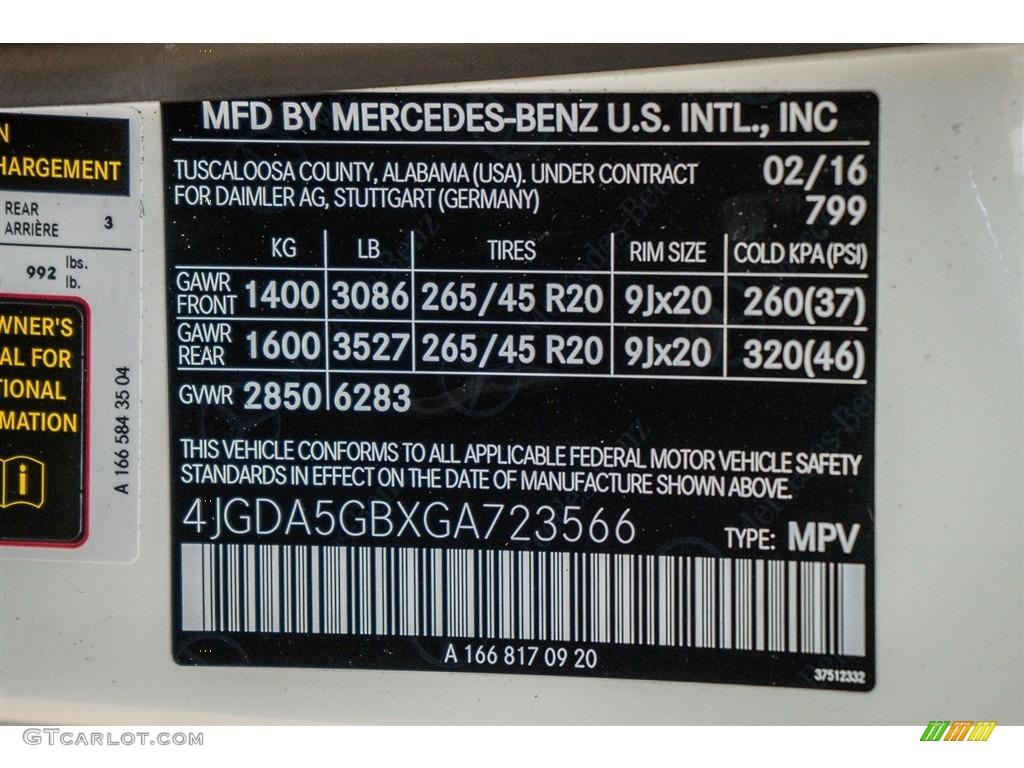 2016 GLE Color Code 799 for designo Diamond White Metallic Photo #111016375