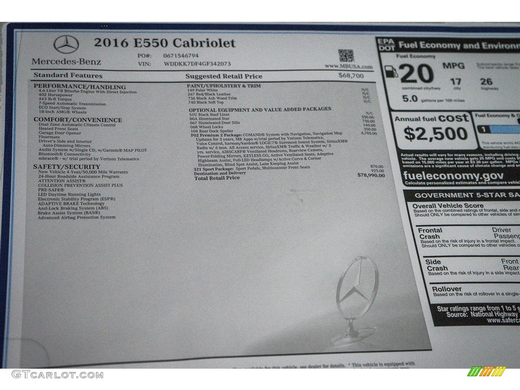 2016 Mercedes-Benz E 550 Cabriolet Window Sticker Photo #111067547