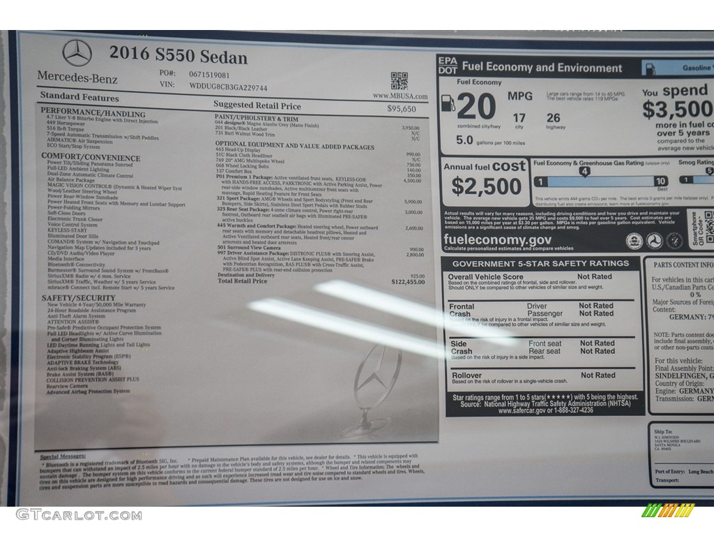 2016 Mercedes-Benz S 550 Sedan Window Sticker Photo #111068969