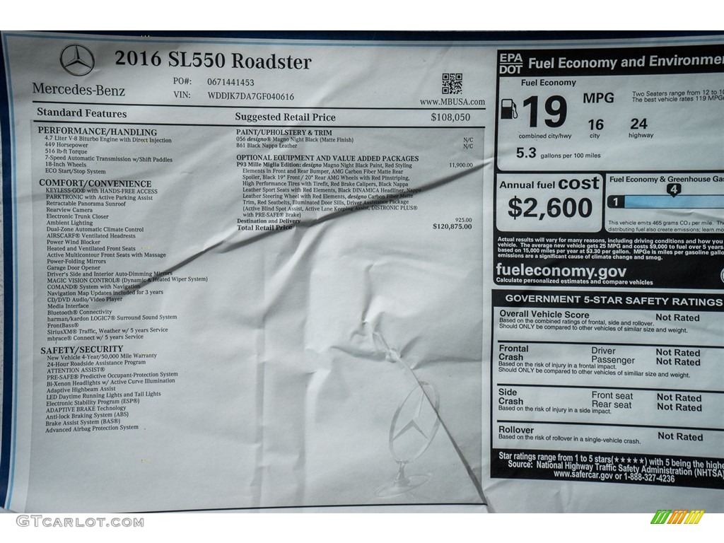 2016 Mercedes-Benz SL 550 Mille Miglia 417 Roadster Window Sticker Photo #111187328