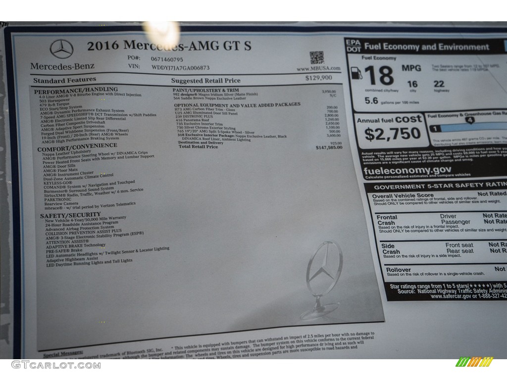 2016 Mercedes-Benz AMG GT S Coupe Window Sticker Photo #111189712