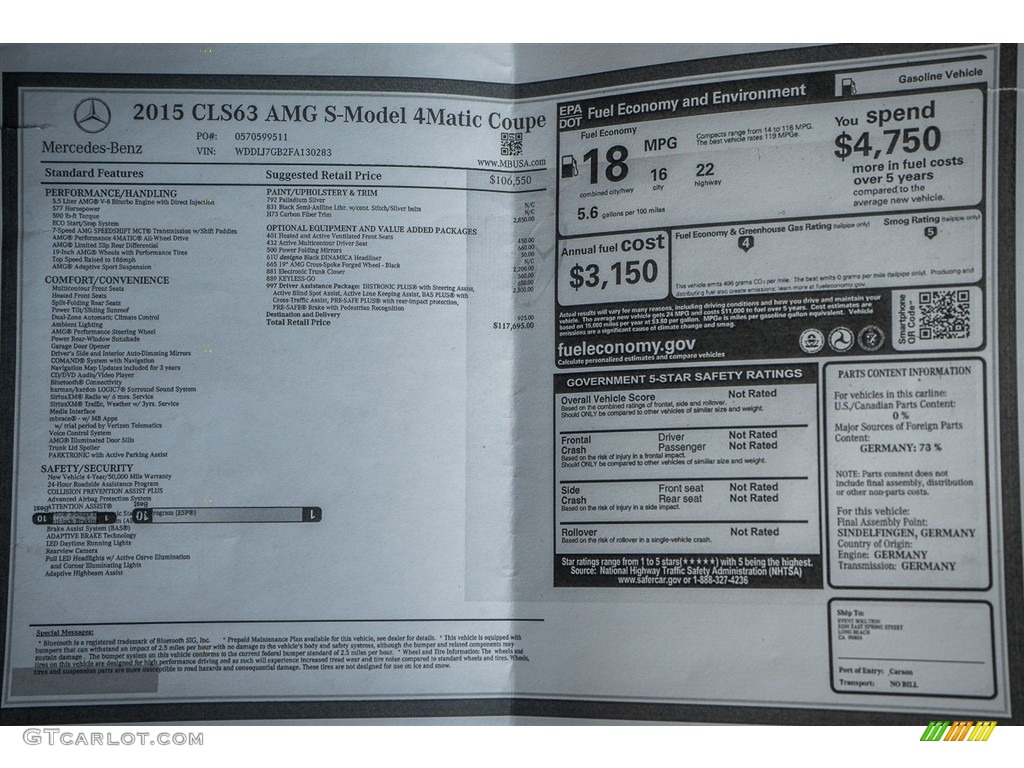 2015 Mercedes-Benz CLS 63 AMG S 4Matic Coupe Window Sticker Photo #111190586