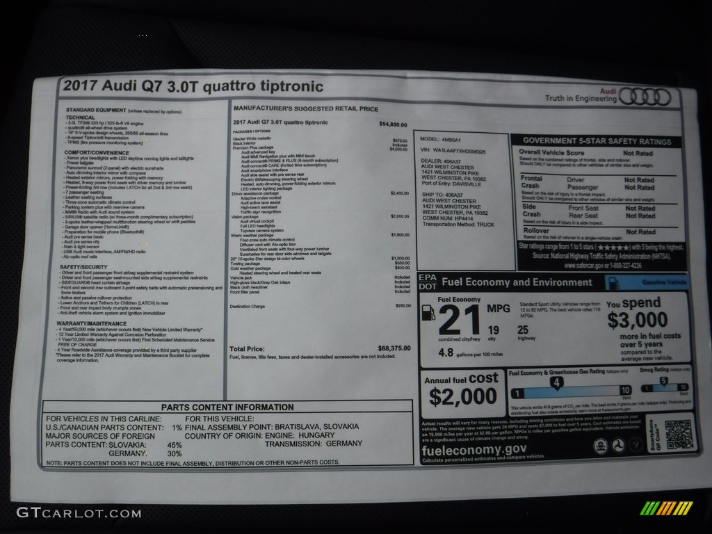 2017 Audi Q7 3.0T quattro Premium Plus Window Sticker Photo #111227636