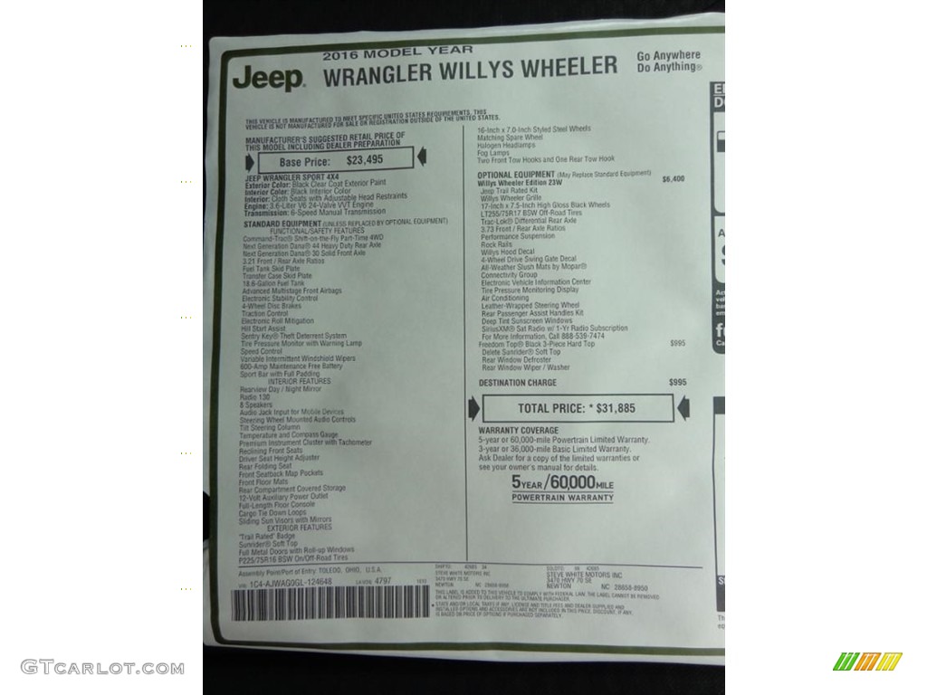 2016 Jeep Wrangler Willys Wheeler 4x4 Window Sticker Photos