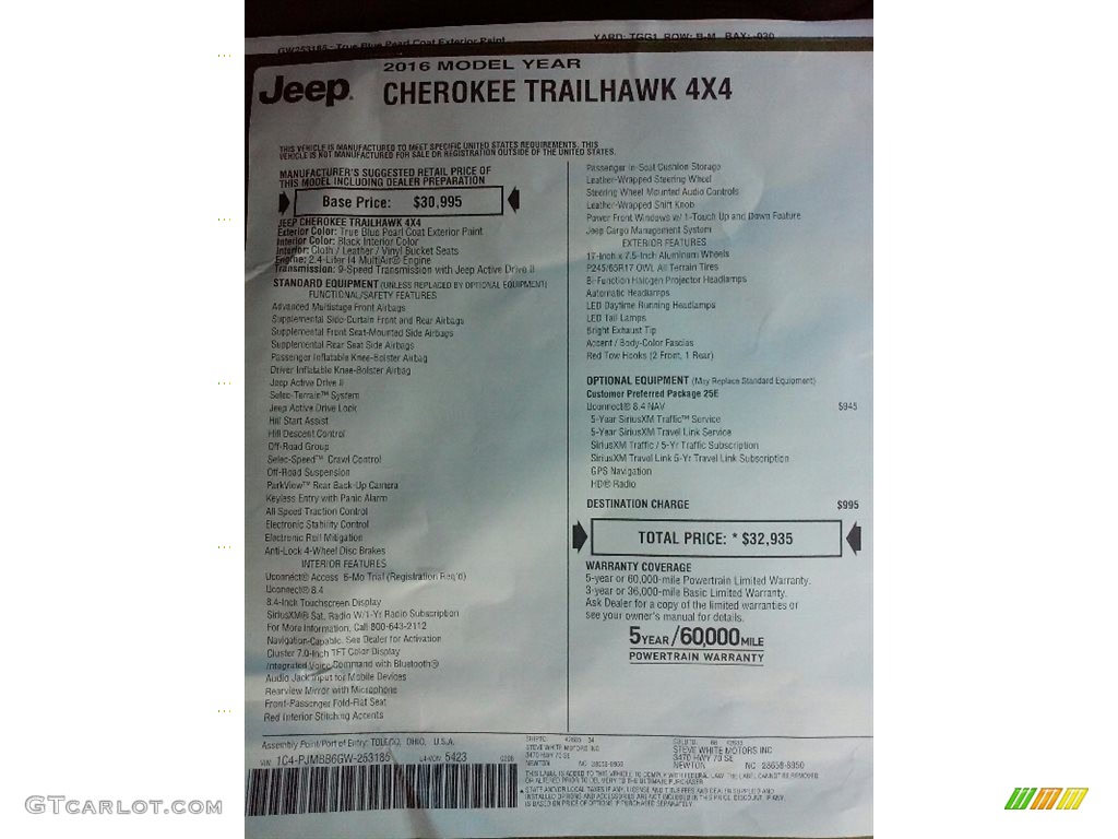 2016 Jeep Cherokee Trailhawk 4x4 Window Sticker Photo #111249888