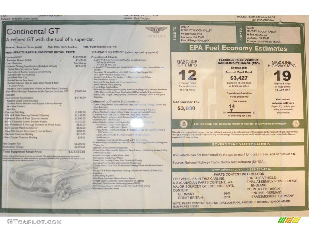 2012 Bentley Continental GT Mulliner Window Sticker Photo #111251672