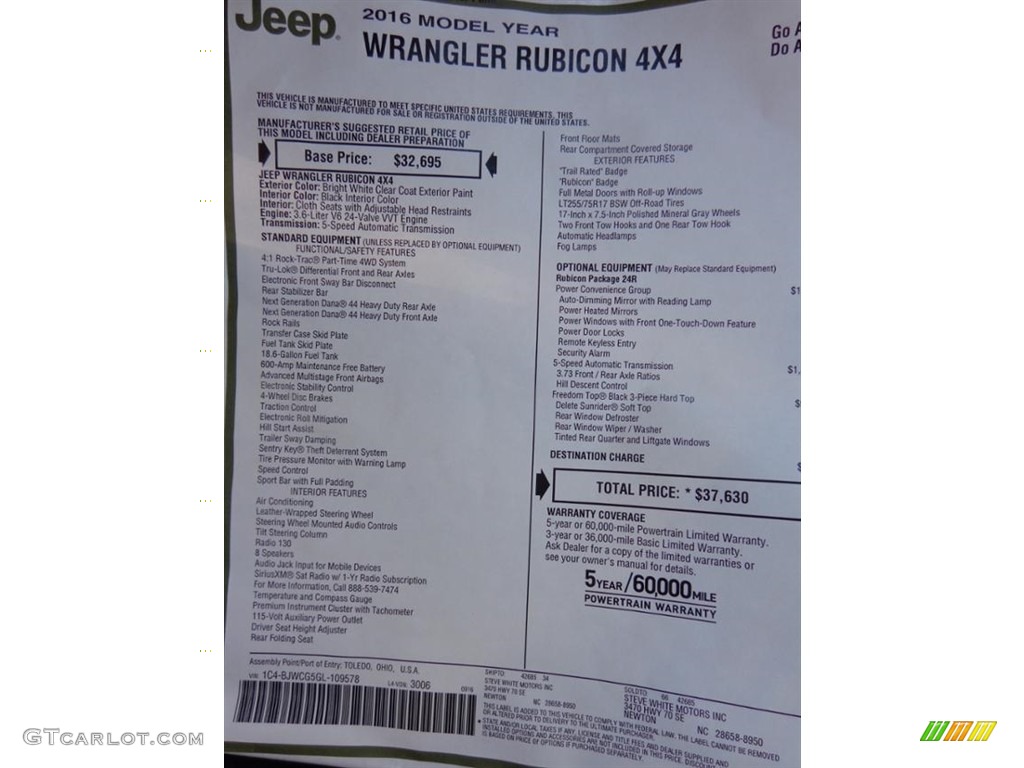 2016 Jeep Wrangler Rubicon 4x4 Window Sticker Photo #111256241