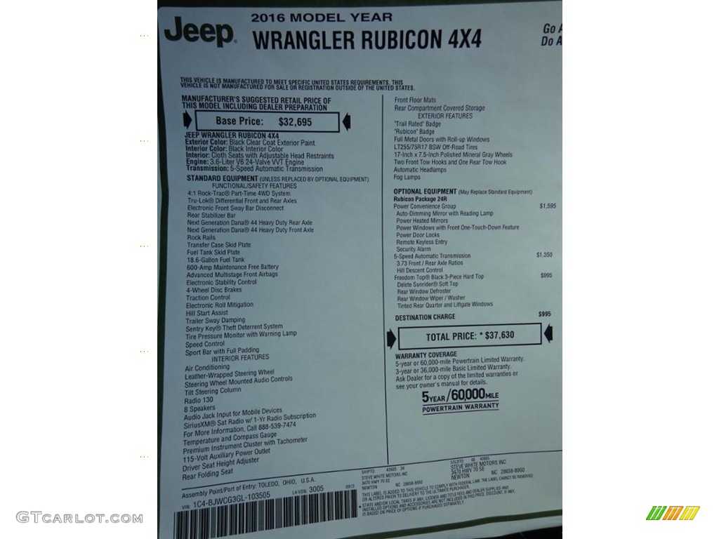 2016 Jeep Wrangler Rubicon 4x4 Window Sticker Photo #111258431