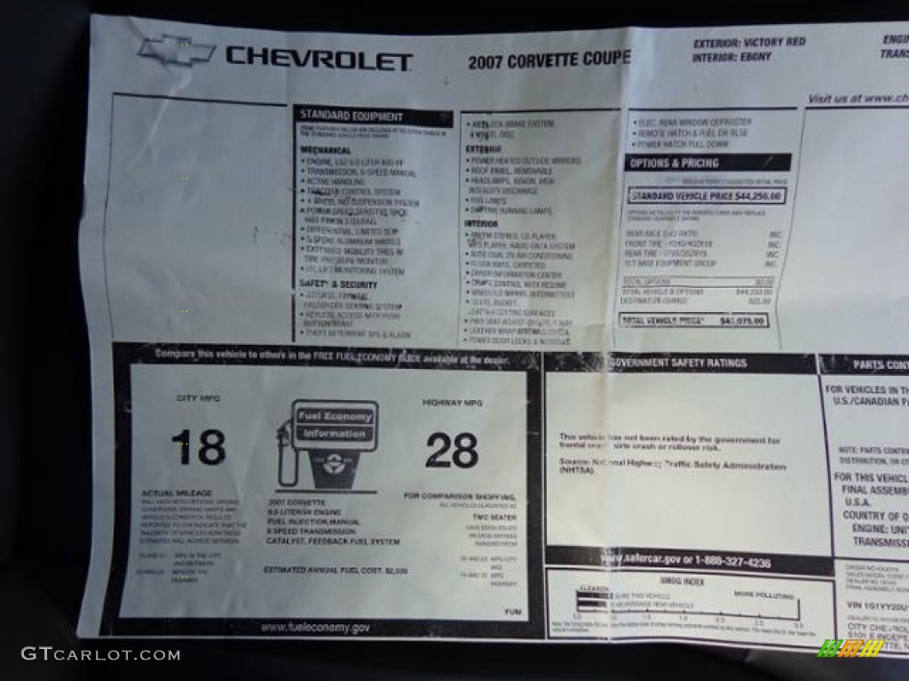 2007 Chevrolet Corvette Coupe Window Sticker Photo #111265802