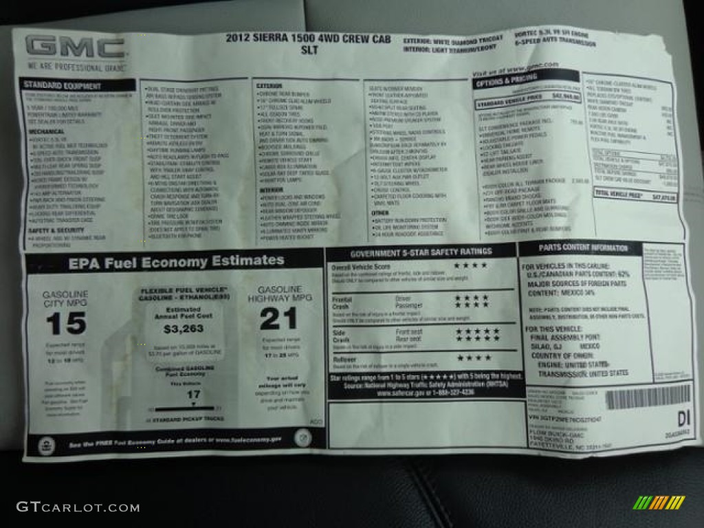 2012 GMC Sierra 1500 SLT Crew Cab 4x4 Window Sticker Photo #111273515