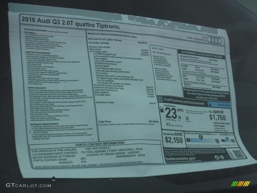 2016 Audi Q3 2.0 TSFI Prestige quattro Window Sticker Photo #111309767