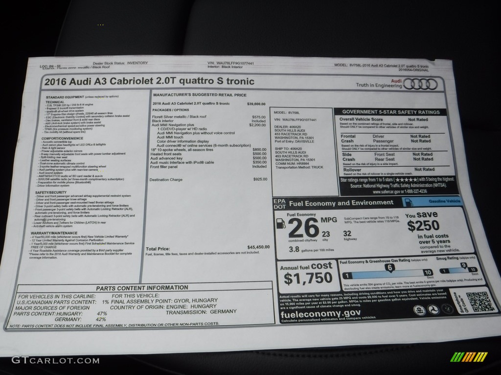 2016 Audi A3 2.0 Premium quattro Cabriolet Window Sticker Photo #111310862