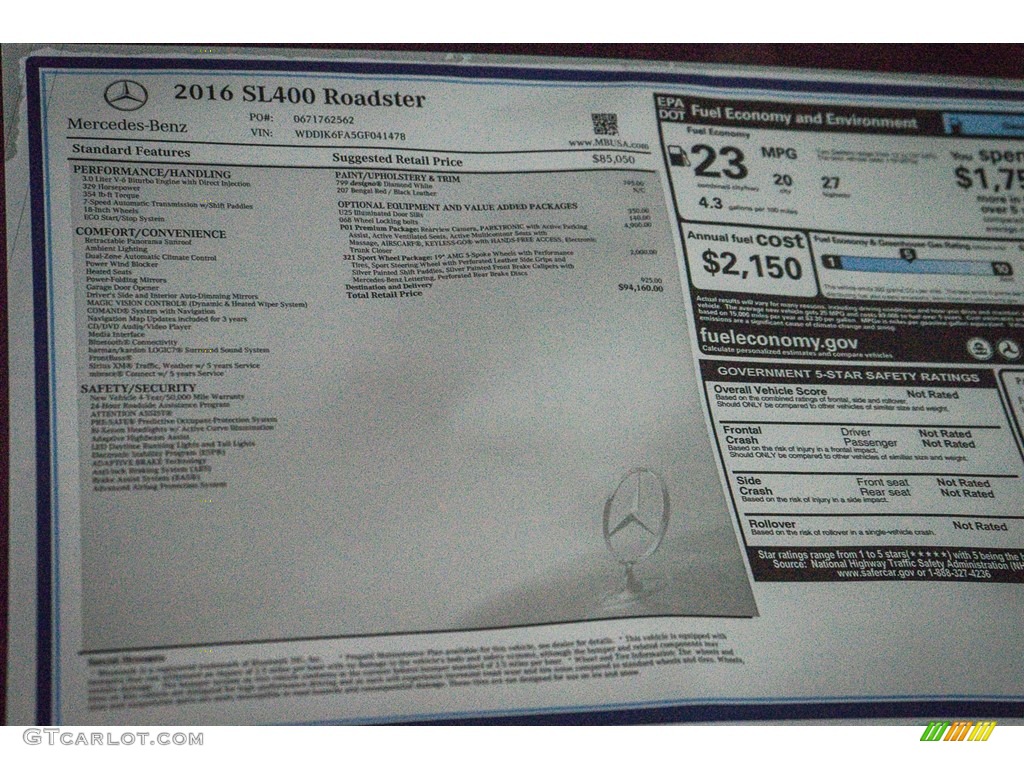 2016 Mercedes-Benz SL 400 Roadster Window Sticker Photo #111314078