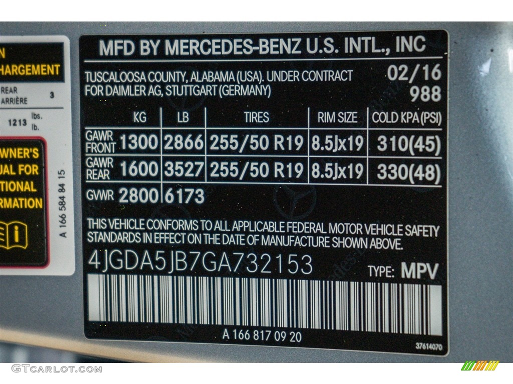2016 GLE Color Code 988 for Diamond Silver Metallic Photo #111395293