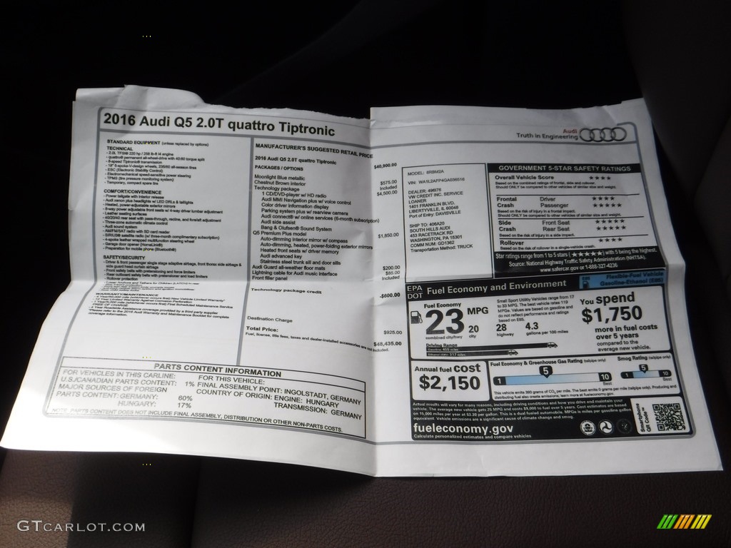 2016 Q5 2.0 TFSI Premium quattro - Moonlight Blue Metallic / Chestnut Brown photo #37