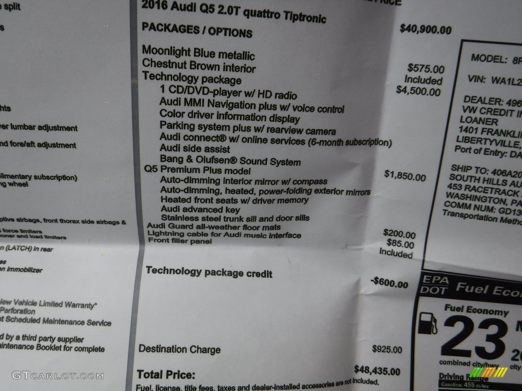 2016 Q5 2.0 TFSI Premium quattro - Moonlight Blue Metallic / Chestnut Brown photo #38