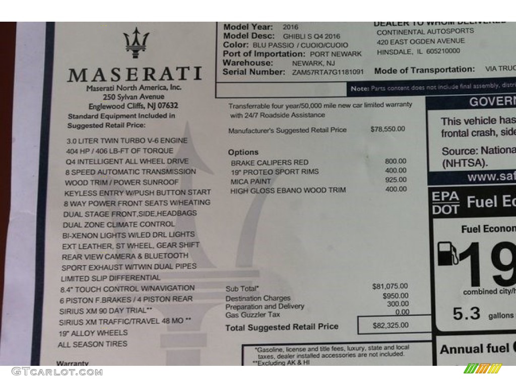 2016 Maserati Ghibli S Q4 Window Sticker Photo #111427963