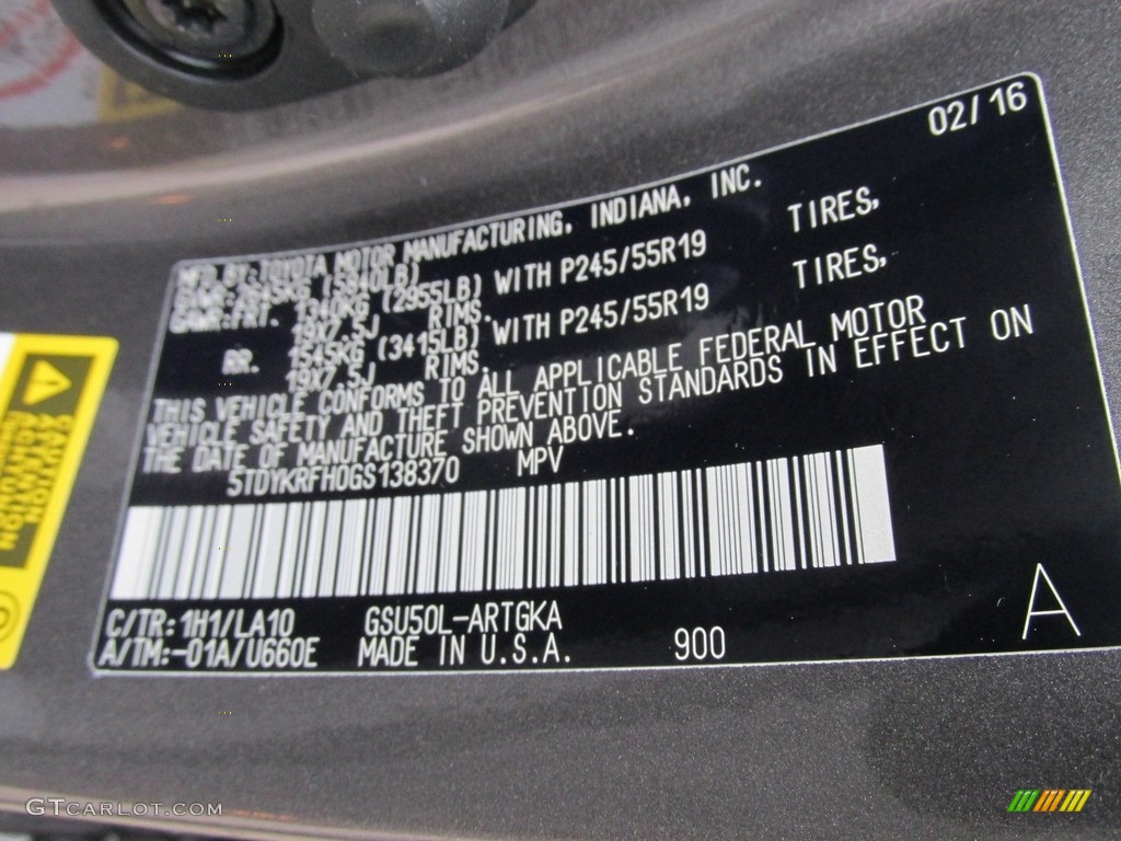 2016 Toyota Highlander Limited Platinum Color Code Photos