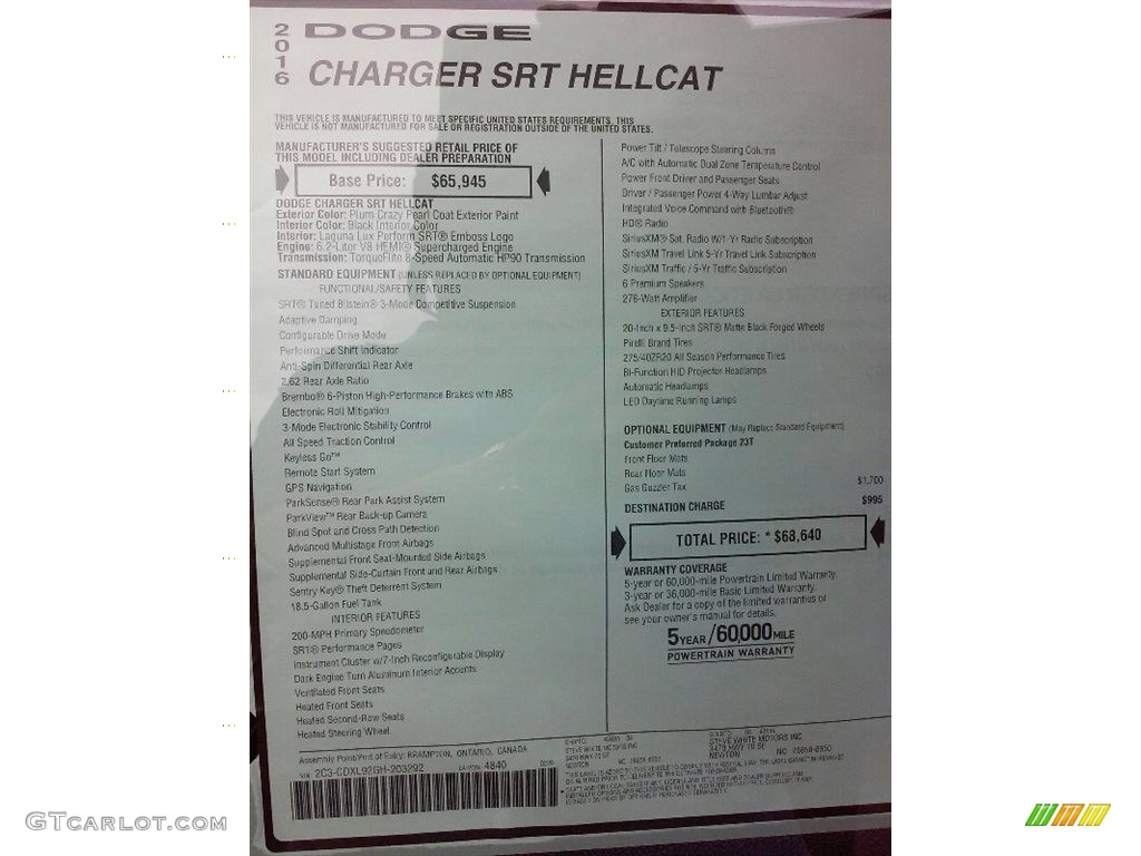 2016 Dodge Charger SRT Hellcat Window Sticker Photo #111476950