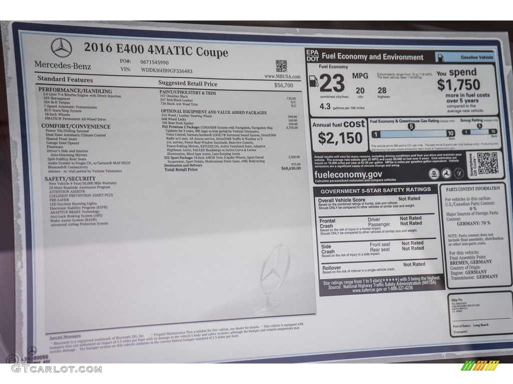 2016 Mercedes-Benz E 400 4Matic Coupe Window Sticker Photos