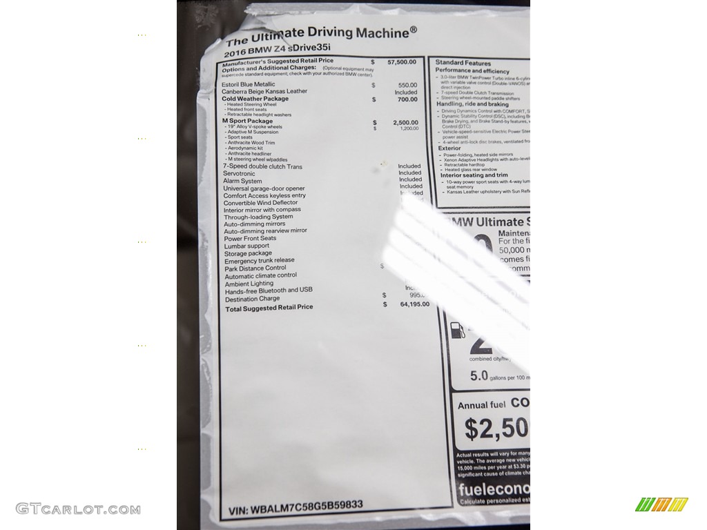2016 BMW Z4 sDrive35i Window Sticker Photo #111518219