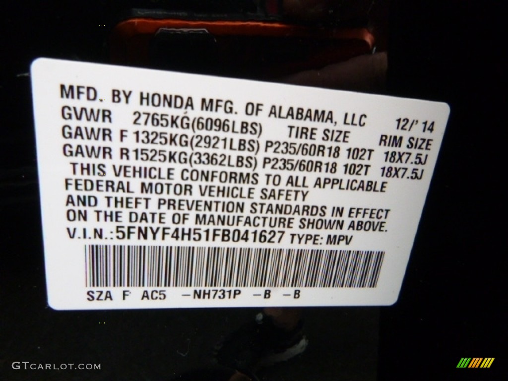 2015 Pilot EX-L 4WD - Crystal Black Pearl / Gray photo #19