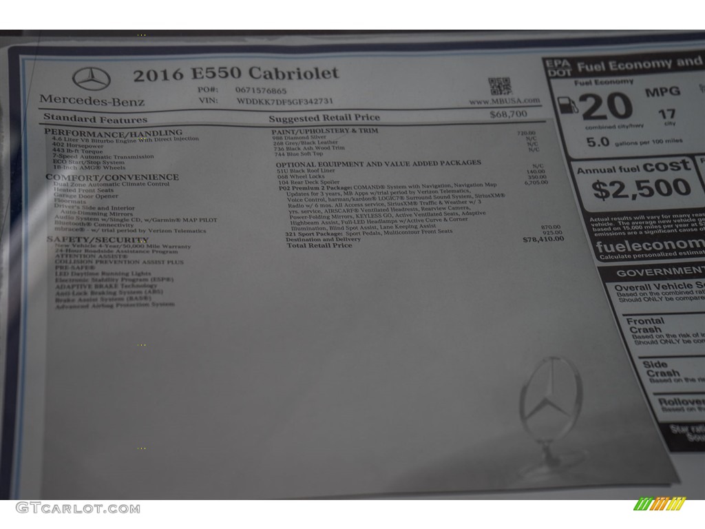 2016 Mercedes-Benz E 550 Cabriolet Window Sticker Photo #111588746