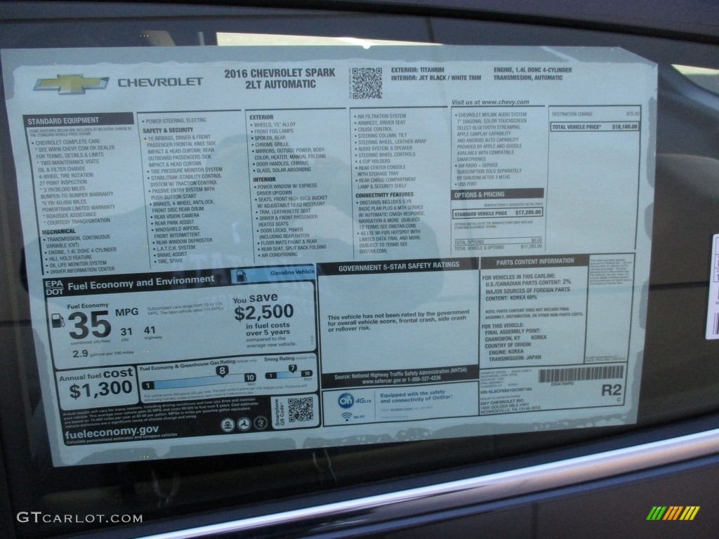 2016 Chevrolet Spark LT Window Sticker Photo #111649403