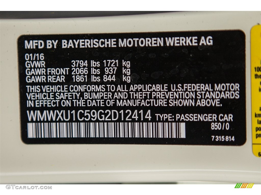 2016 Hardtop Color Code 850 for Pepper White Photo #111652763