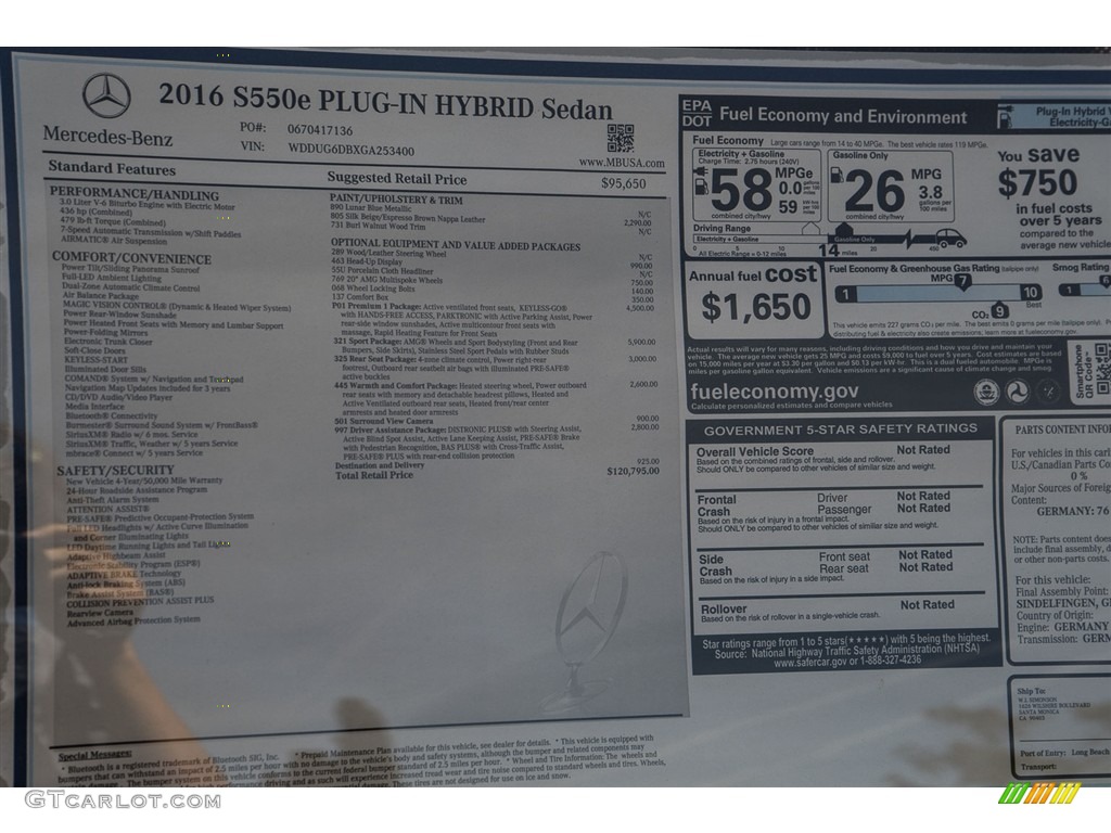 2016 Mercedes-Benz S 550e Plug-In Hybrid Sedan Window Sticker Photo #111785144