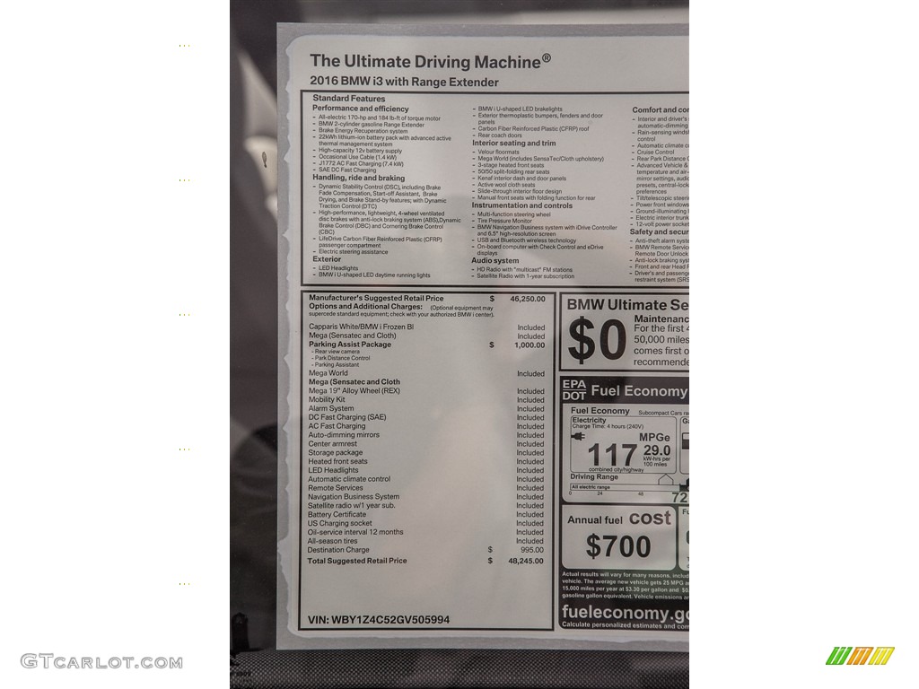 2016 BMW i3 with Range Extender Window Sticker Photo #111795566