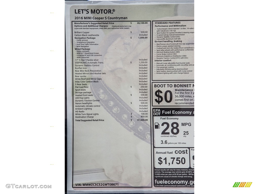 2016 Mini Countryman Cooper S Window Sticker Photos