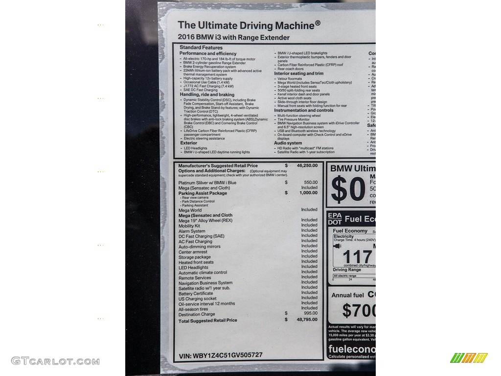 2016 BMW i3 with Range Extender Window Sticker Photo #111818552