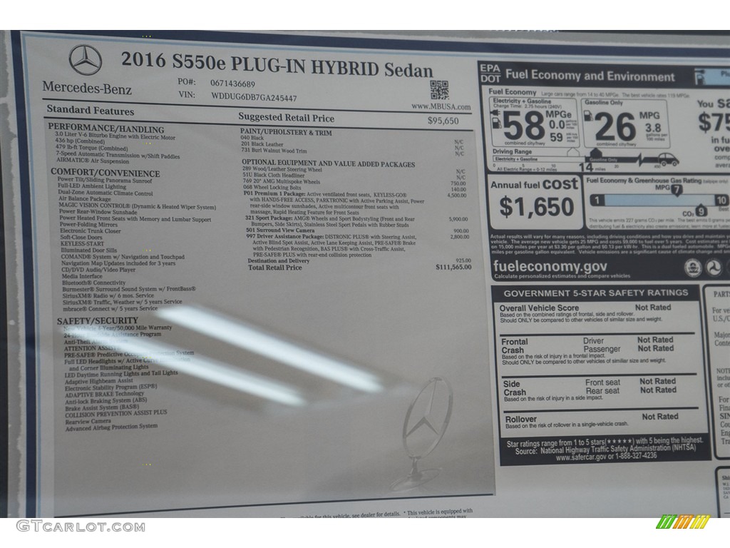 2016 Mercedes-Benz S 550e Plug-In Hybrid Sedan Window Sticker Photo #111850826