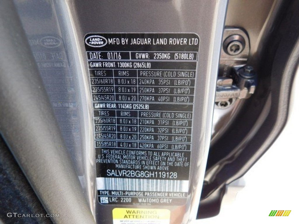 2016 Range Rover Evoque Color Code 2200 for Waitomo Grey Metalllic Photo #111921427